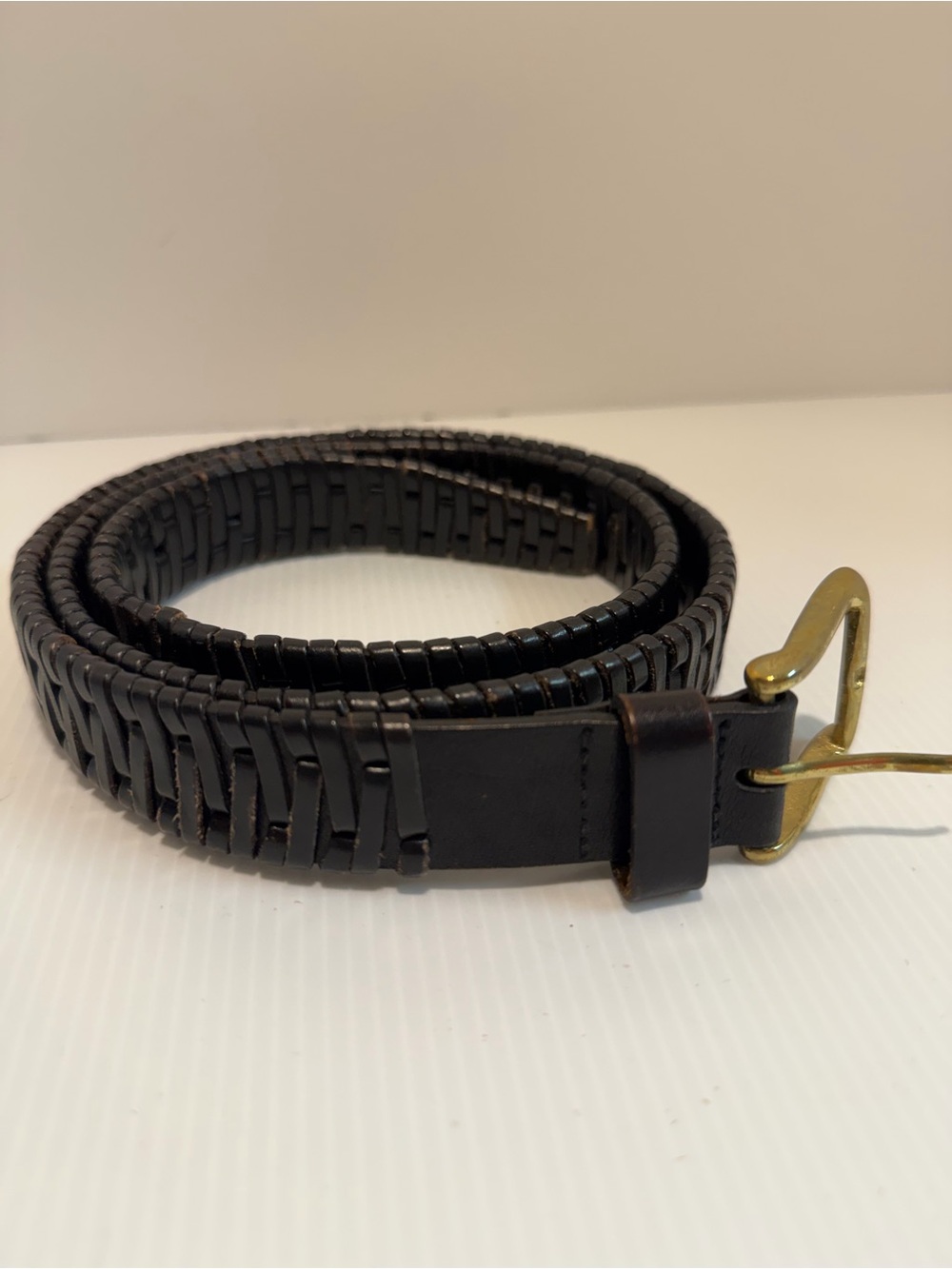 Vintage Black Woven Braided Leather Belt Size 40 Solid Brass Buckle